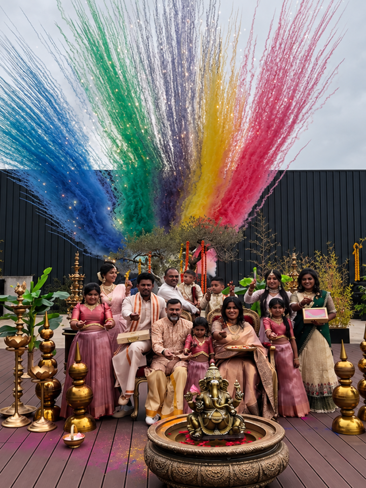 Portrait familial indien sous une pluie de couleurs