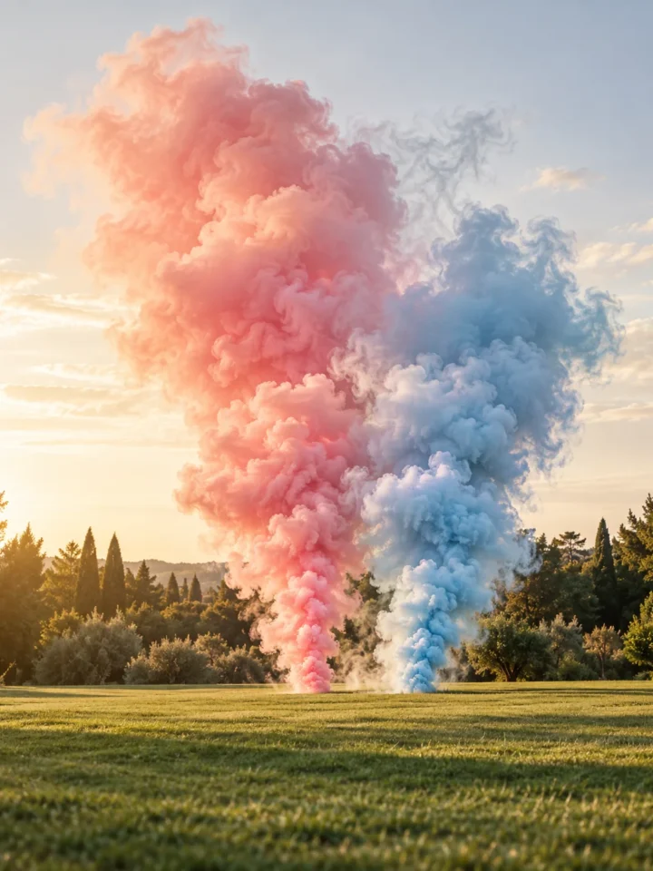 Illustration de fumées roses et bleues pour une Gender Reveal en extérieur