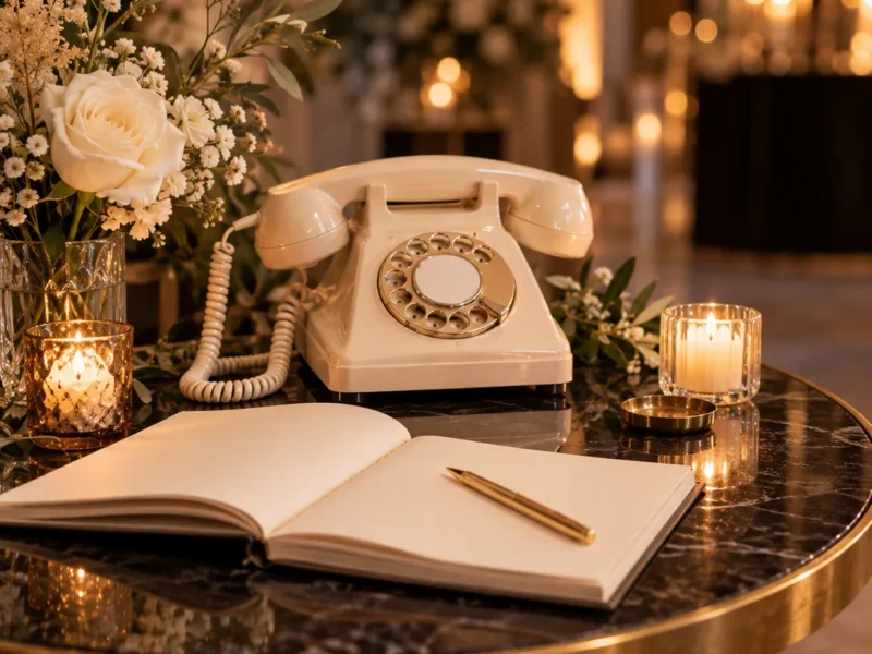 Illustration d’un livre d’or audio avec téléphone rétro ivoire et carnet ouvert