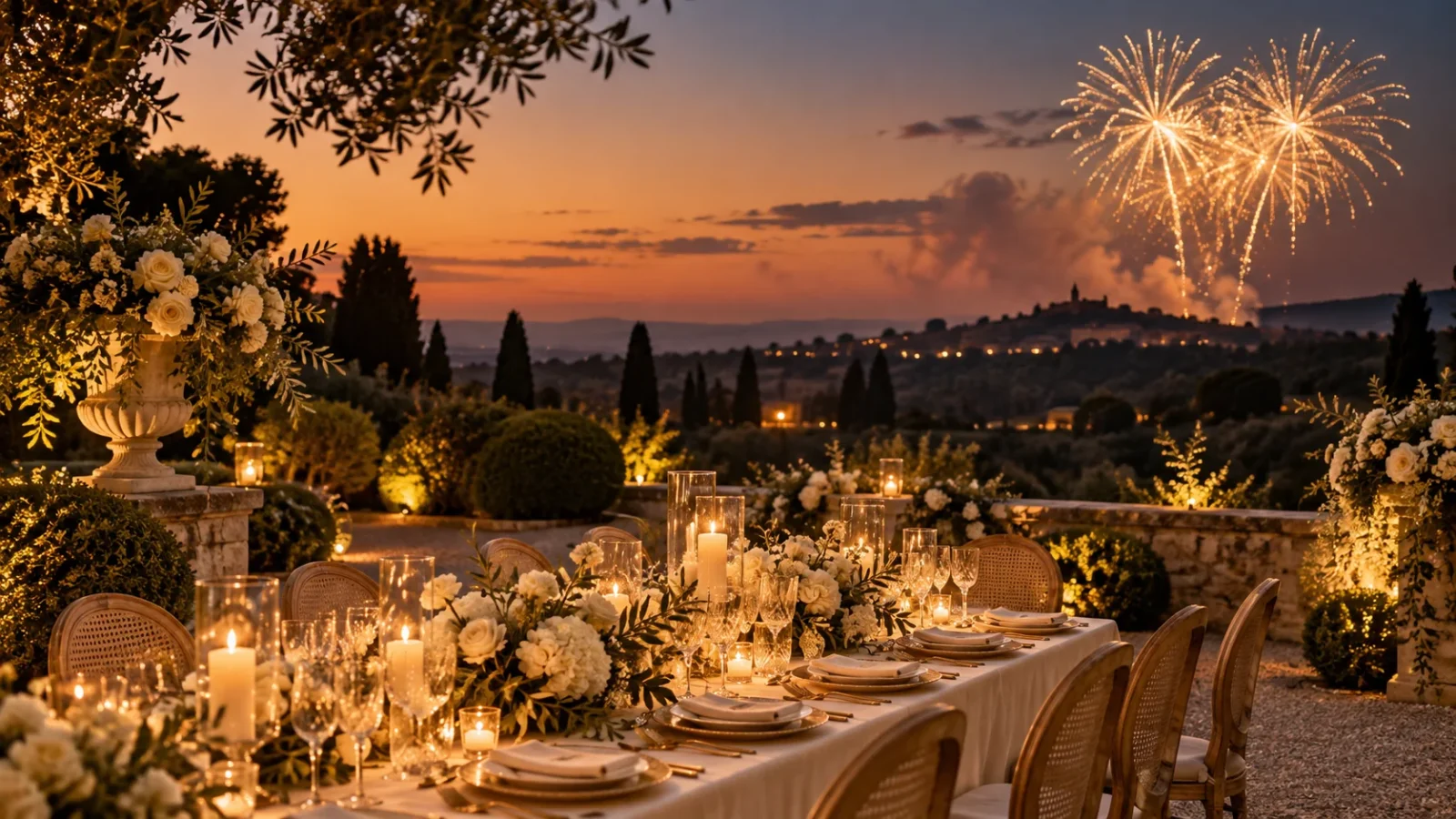 Illustration d’une réception de mariage avec fleurs ivoire et feu d’artifice au crépuscule