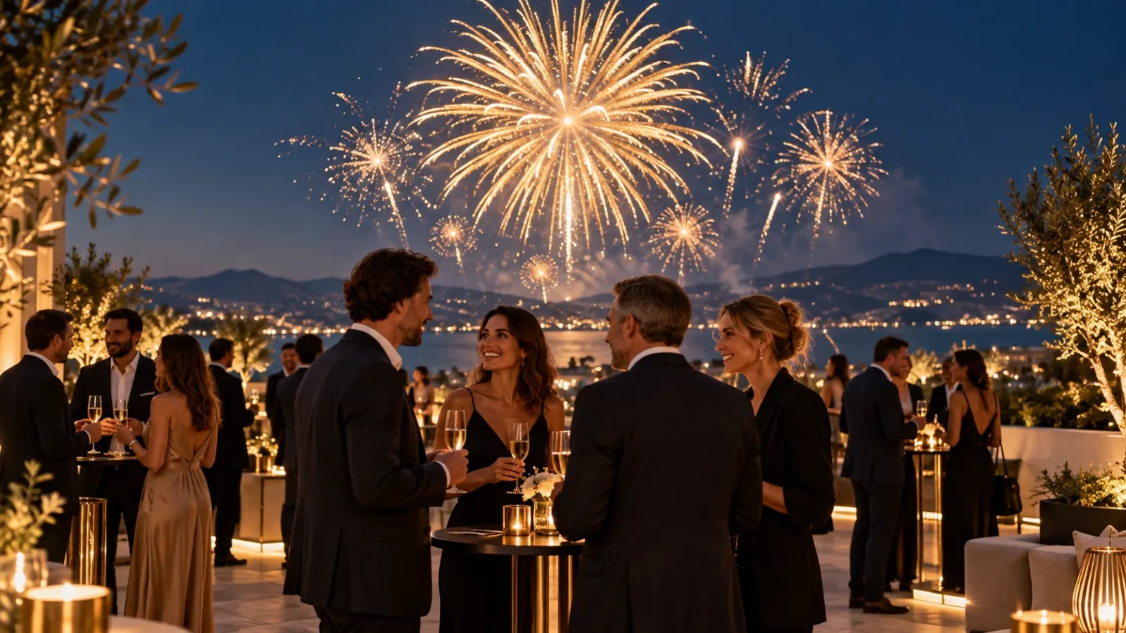 Illustration d’une soirée d’entreprise en terrasse avec un feu d’artifice doré